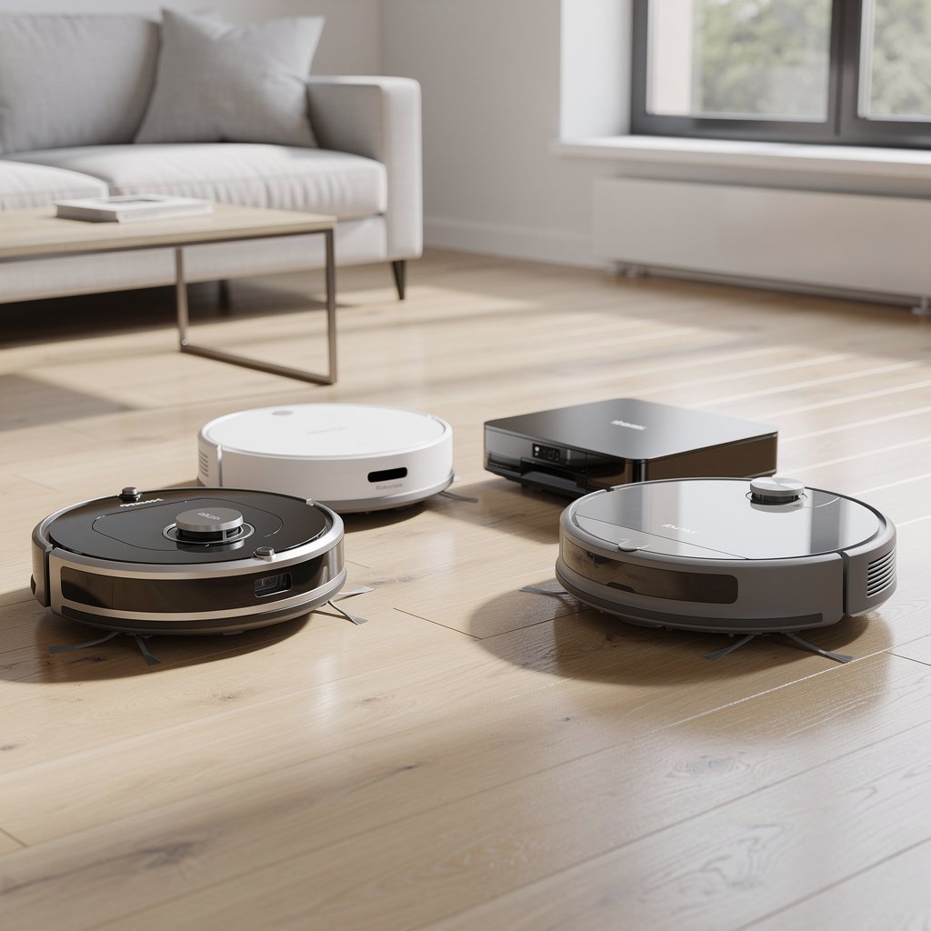 Top robot vacuums including iRobot Roomba, Roborock, and Ecovacs models on hardwood floor