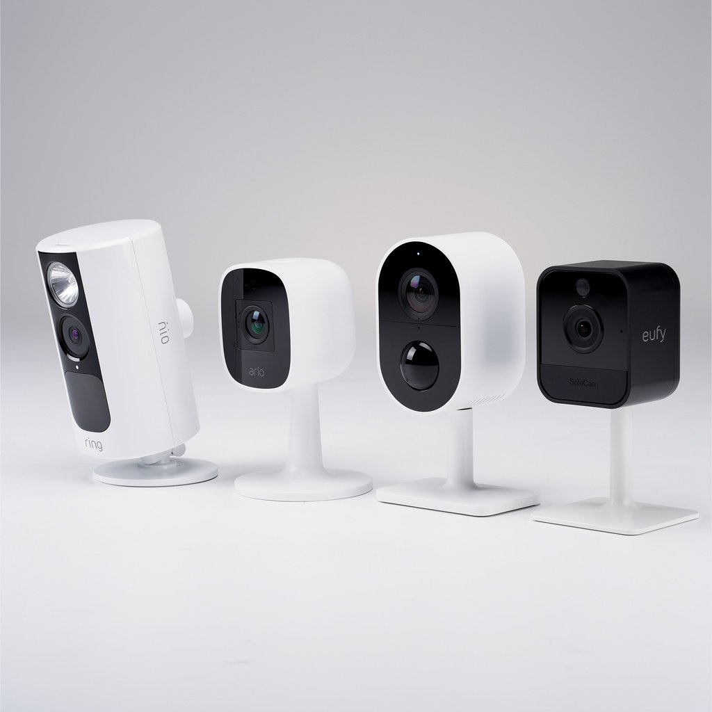 Best home security cameras 2025 including Ring, Arlo, Nest Cam, and Eufy models arranged on display