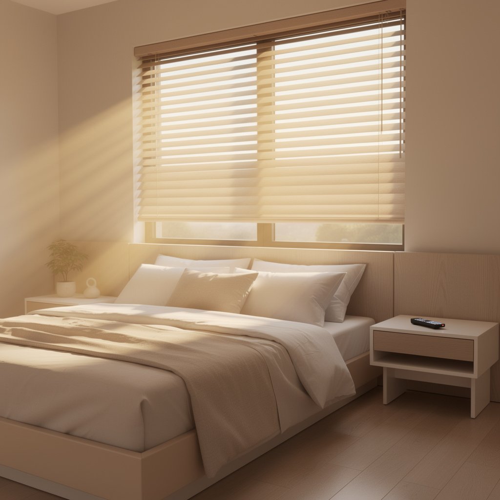 Smart motorized blinds and shades with morning sunlight filtering through