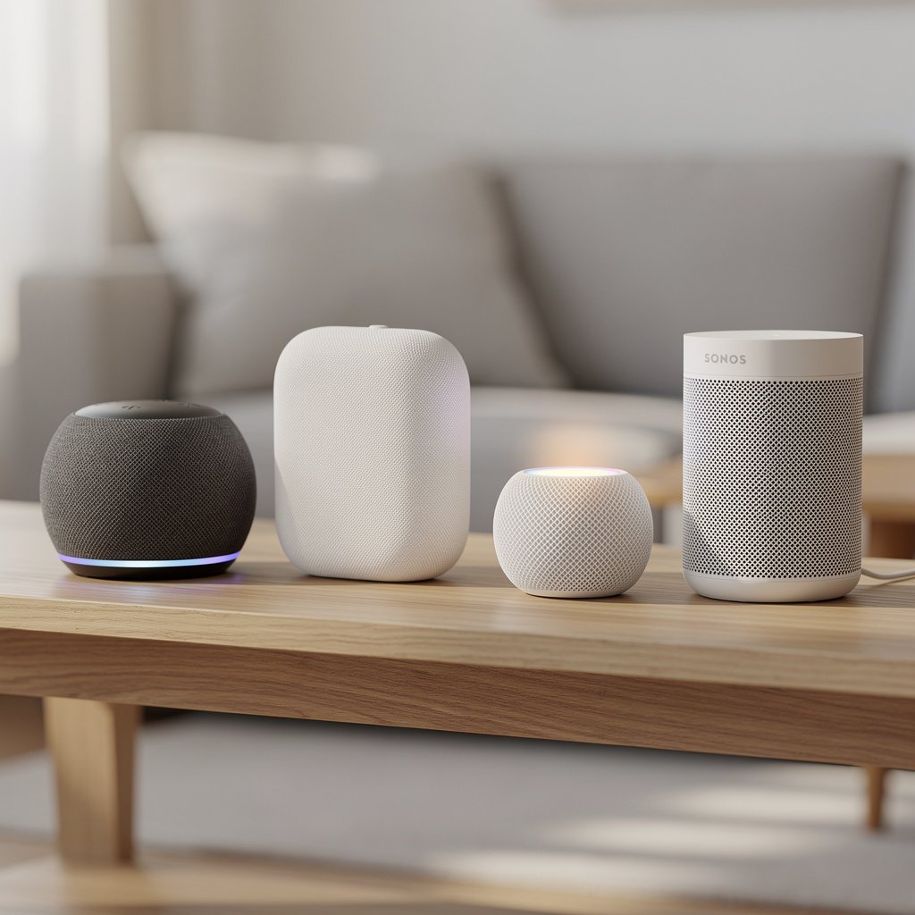 Amazon Echo, Google Nest Audio, Apple HomePod Mini, and Sonos Era smart speakers arranged on wooden shelf