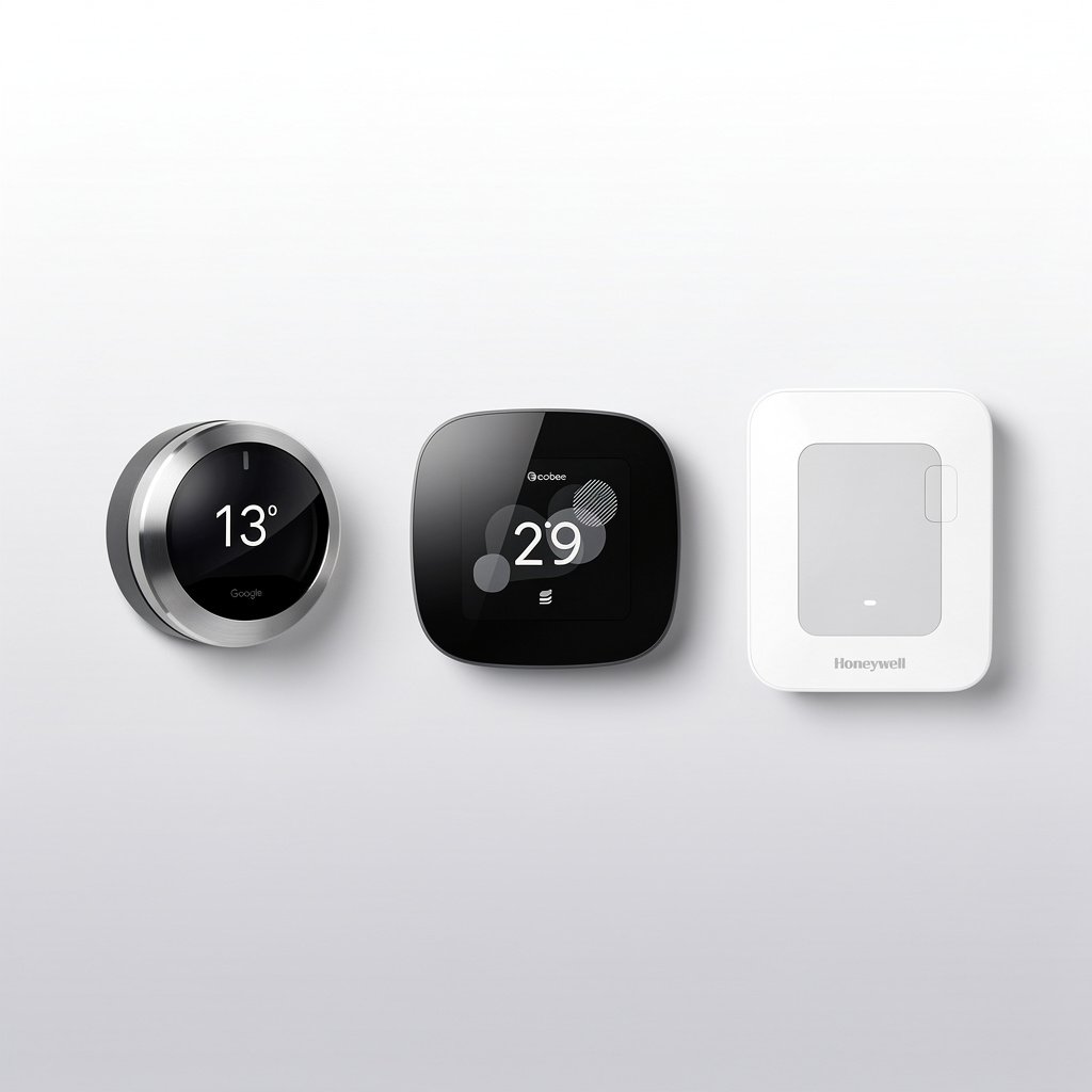 Top smart thermostats including Google Nest, Ecobee, and Honeywell mounted on display wall