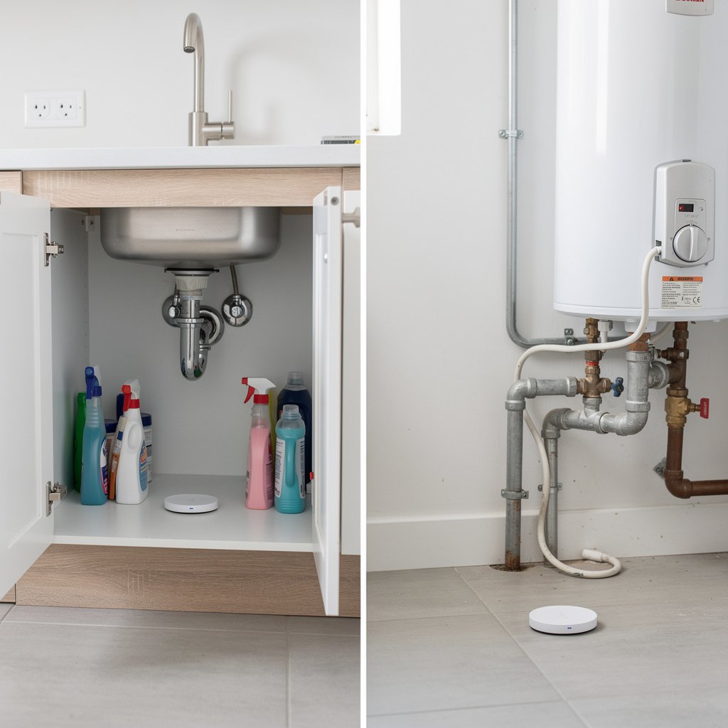 Smart water leak sensors placed under sink and near water heater