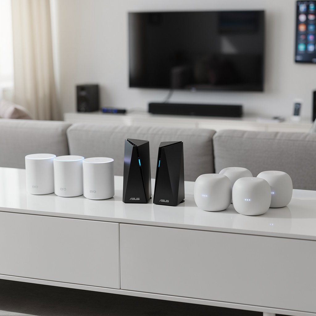 Mesh WiFi systems including eero Pro 6E, Asus ZenWiFi, and Google Nest WiFi Pro for smart homes