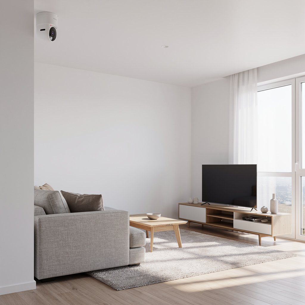 Indoor security camera mounted in living room corner with wide viewing angle