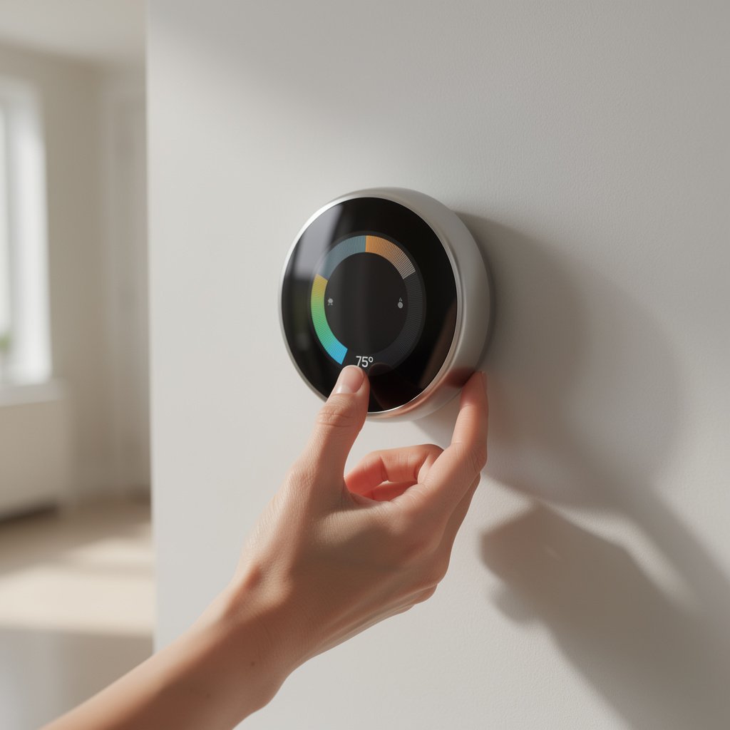 Hand adjusting Google Nest thermostat temperature on wall
