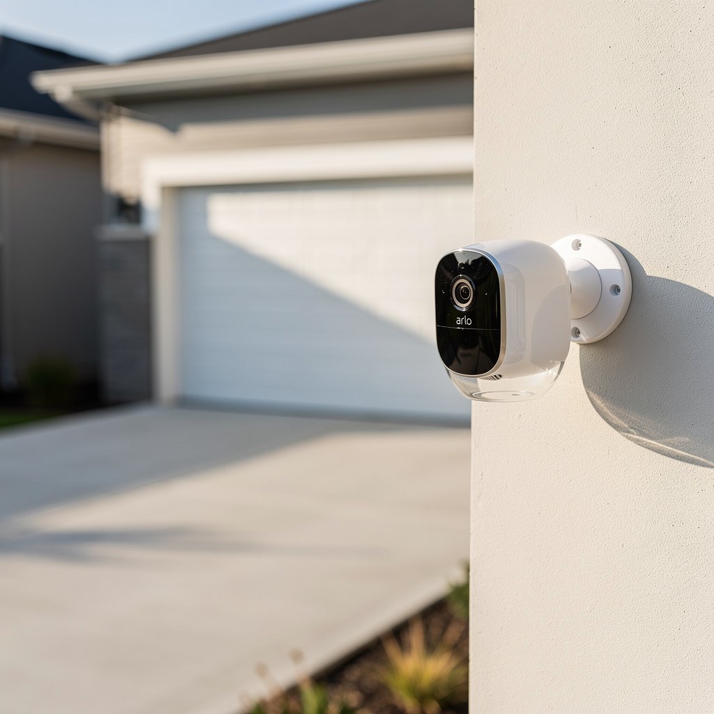Weatherproof outdoor security camera mounted near garage monitoring driveway
