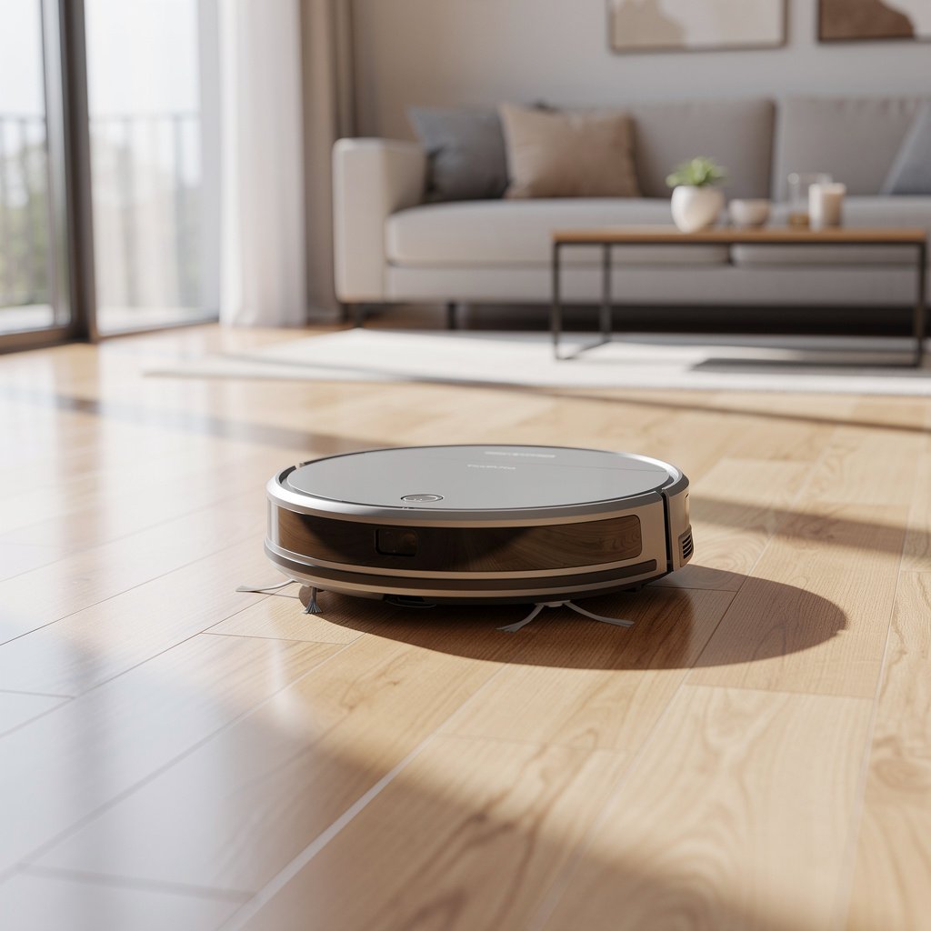 Robot vacuum cleaning hardwood floor in living room
