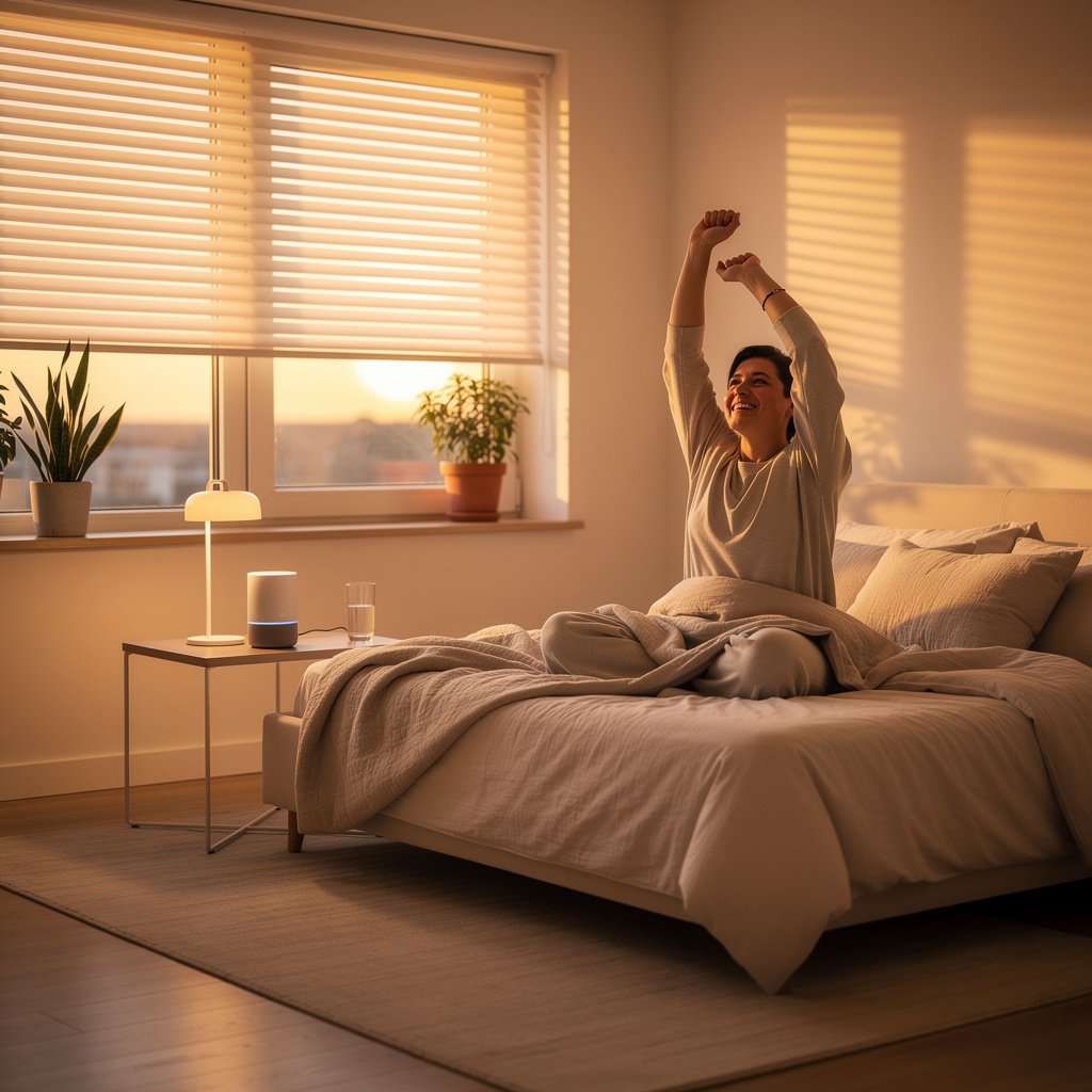 Smart bedroom with morning routine automation in action