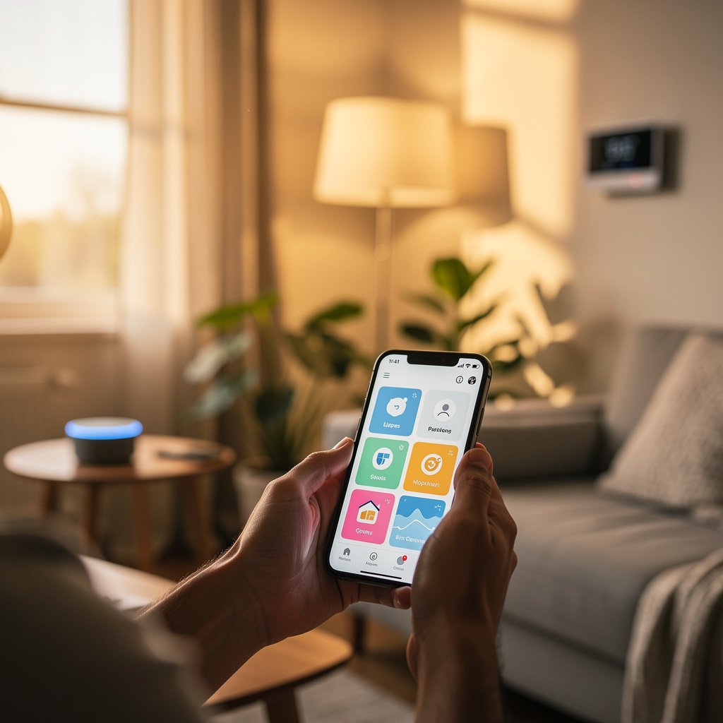 Person using smartphone to control smart home devices with voice assistant speaker and smart lights visible