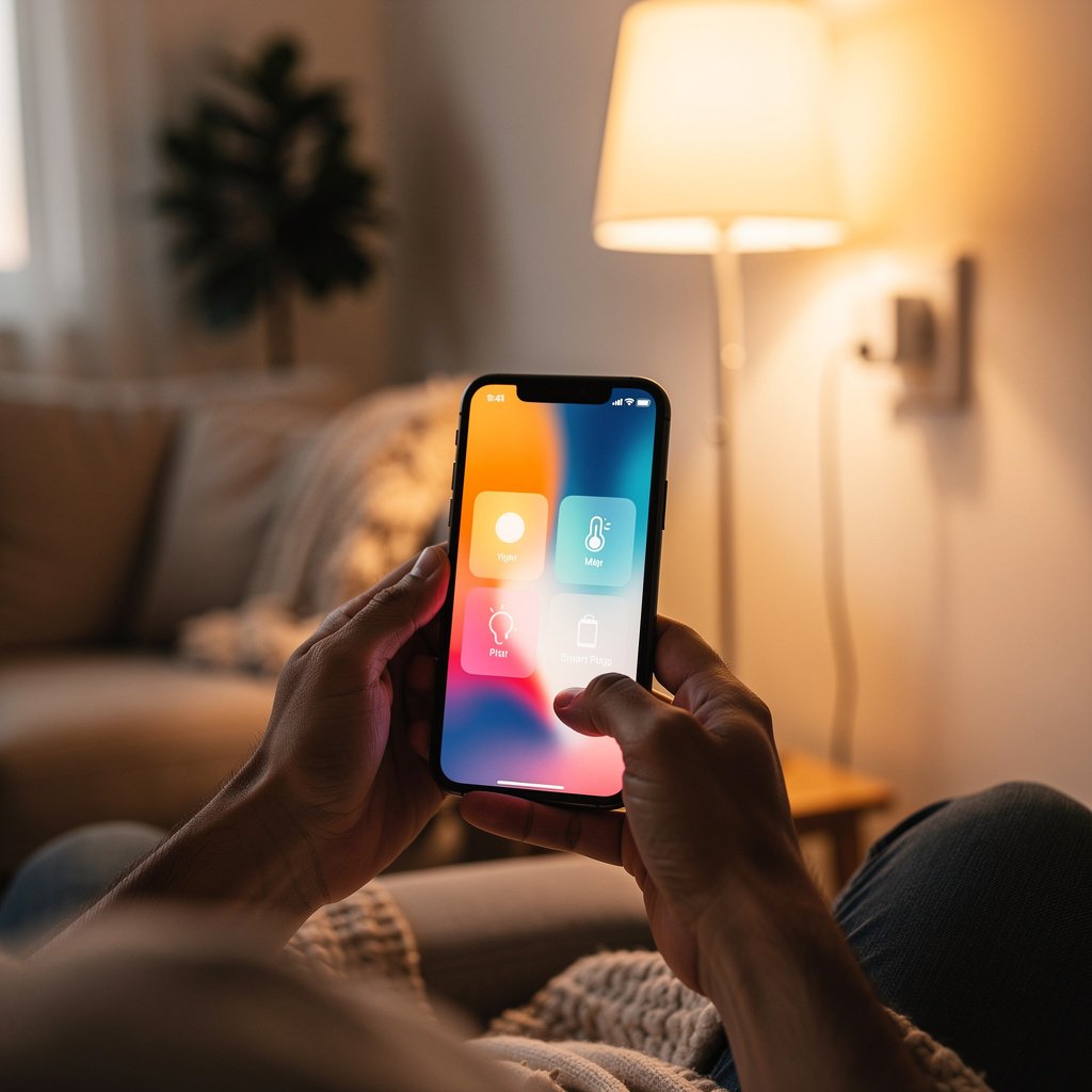 Hands setting up first smart home device using smartphone app