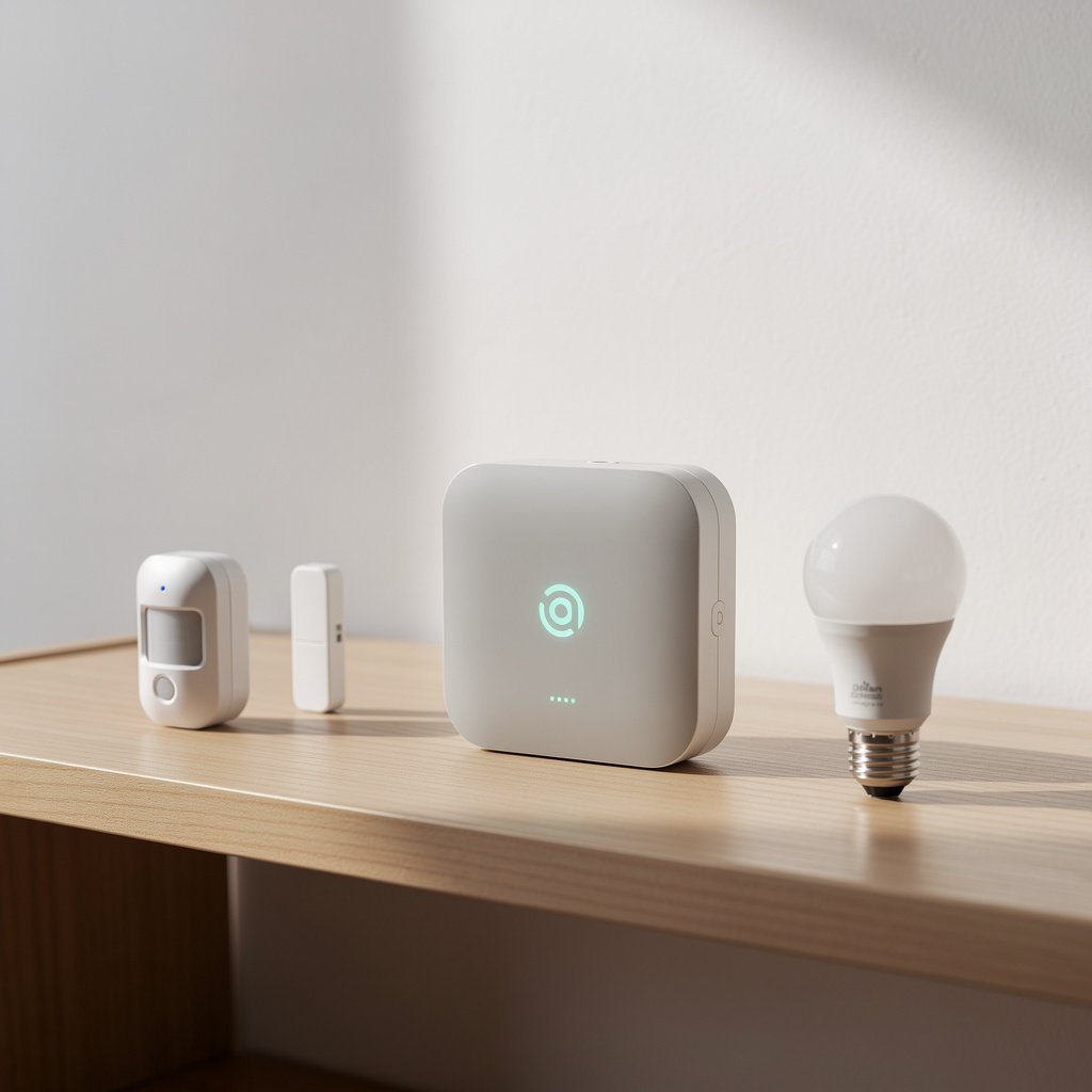 Smart home hub connecting multiple devices including lights, thermostat, and sensors