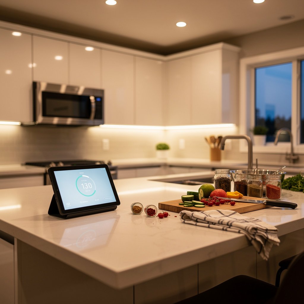 Smart kitchen with display showing recipe and connected appliances