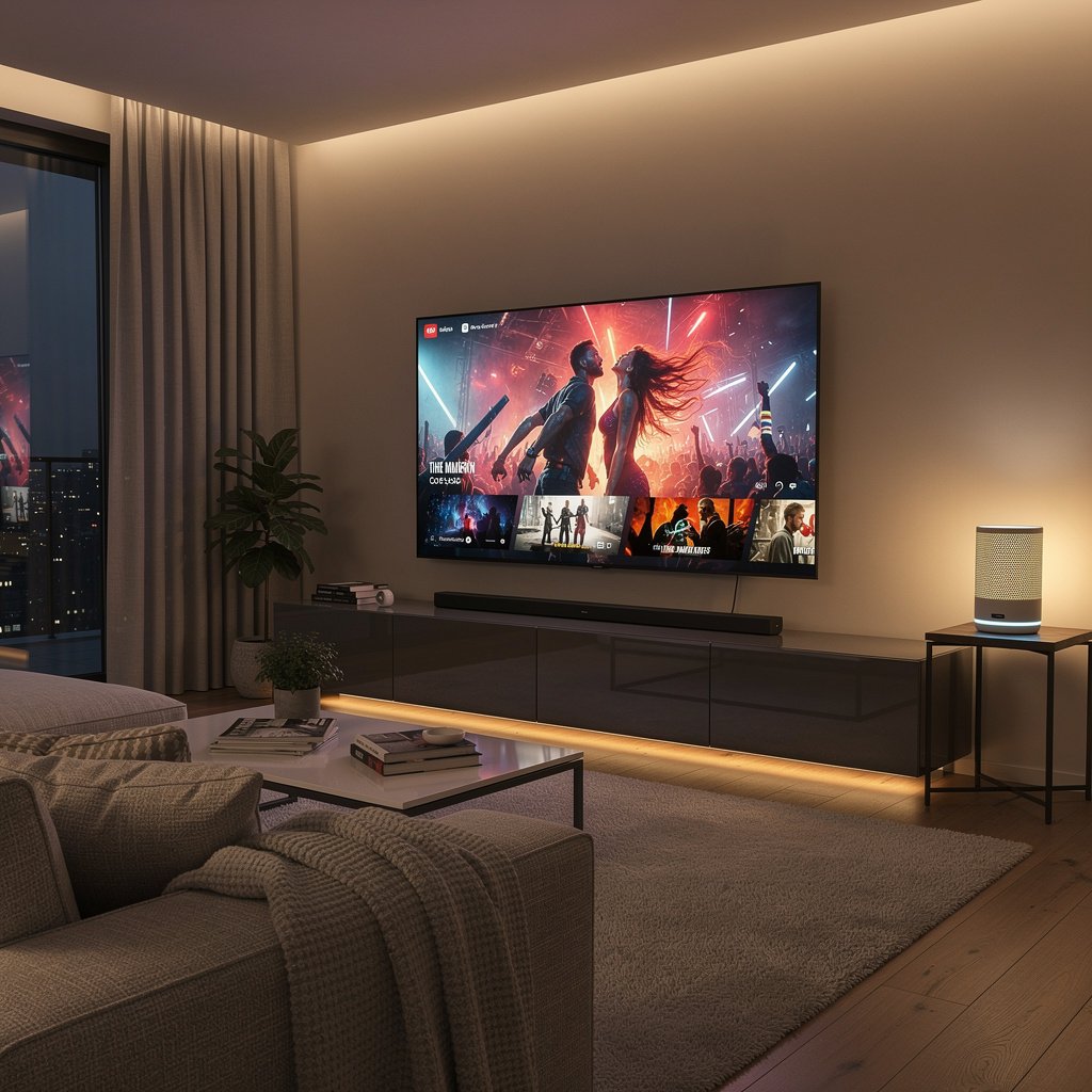 Smart living room with ambient lighting in evening setting