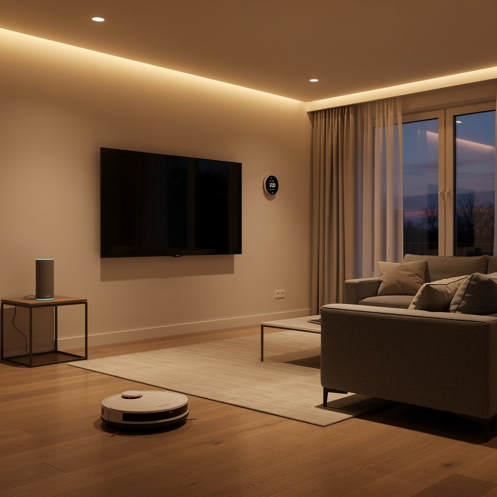 Smart living room setup with smart TV, voice assistant, ambient lighting and thermostat