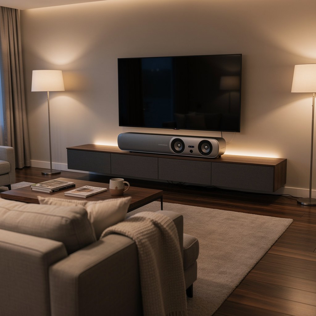 Smart speaker streaming music in living room setup