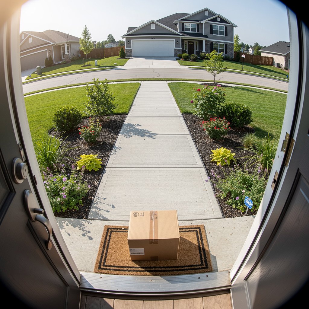 Video doorbell camera wide-angle view of front porch and walkway