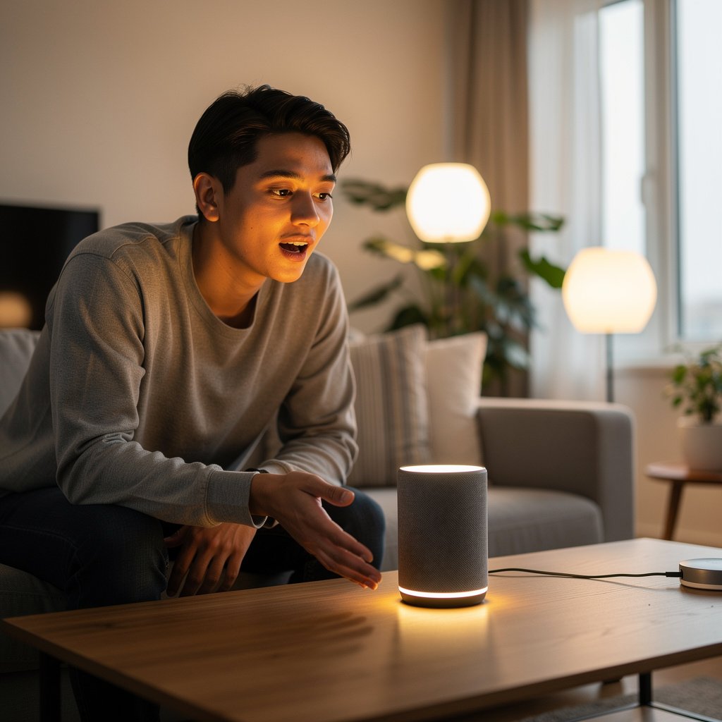 Person speaking to smart speaker to control home devices